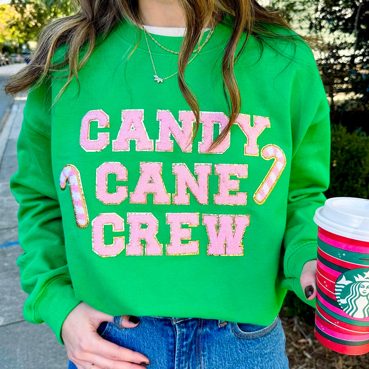 'Candy Cane Crew' Letter Patch Crewneck Sweatshirt