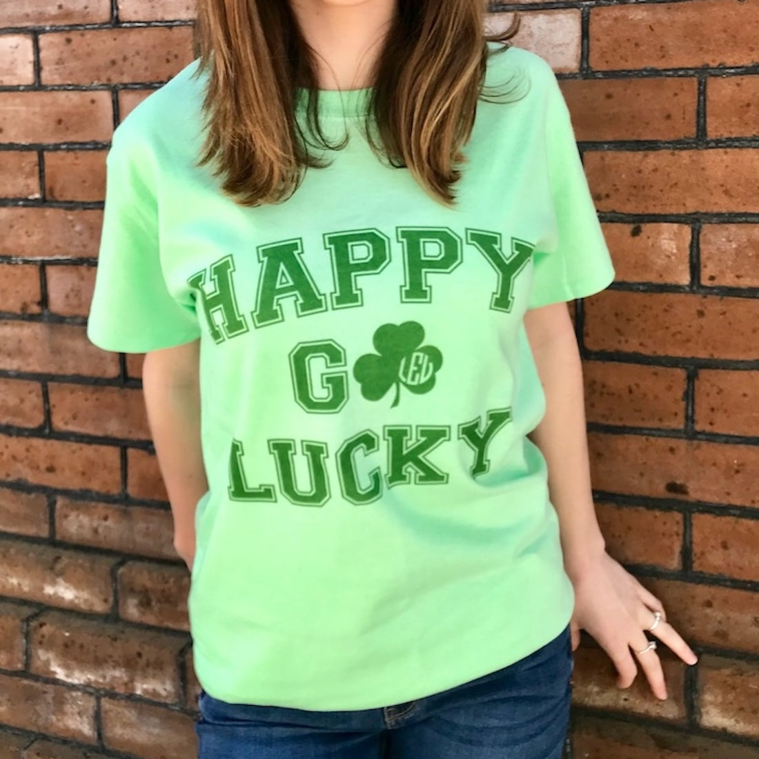 Monogrammed 'Happy Go Lucky' Basic T-Shirt