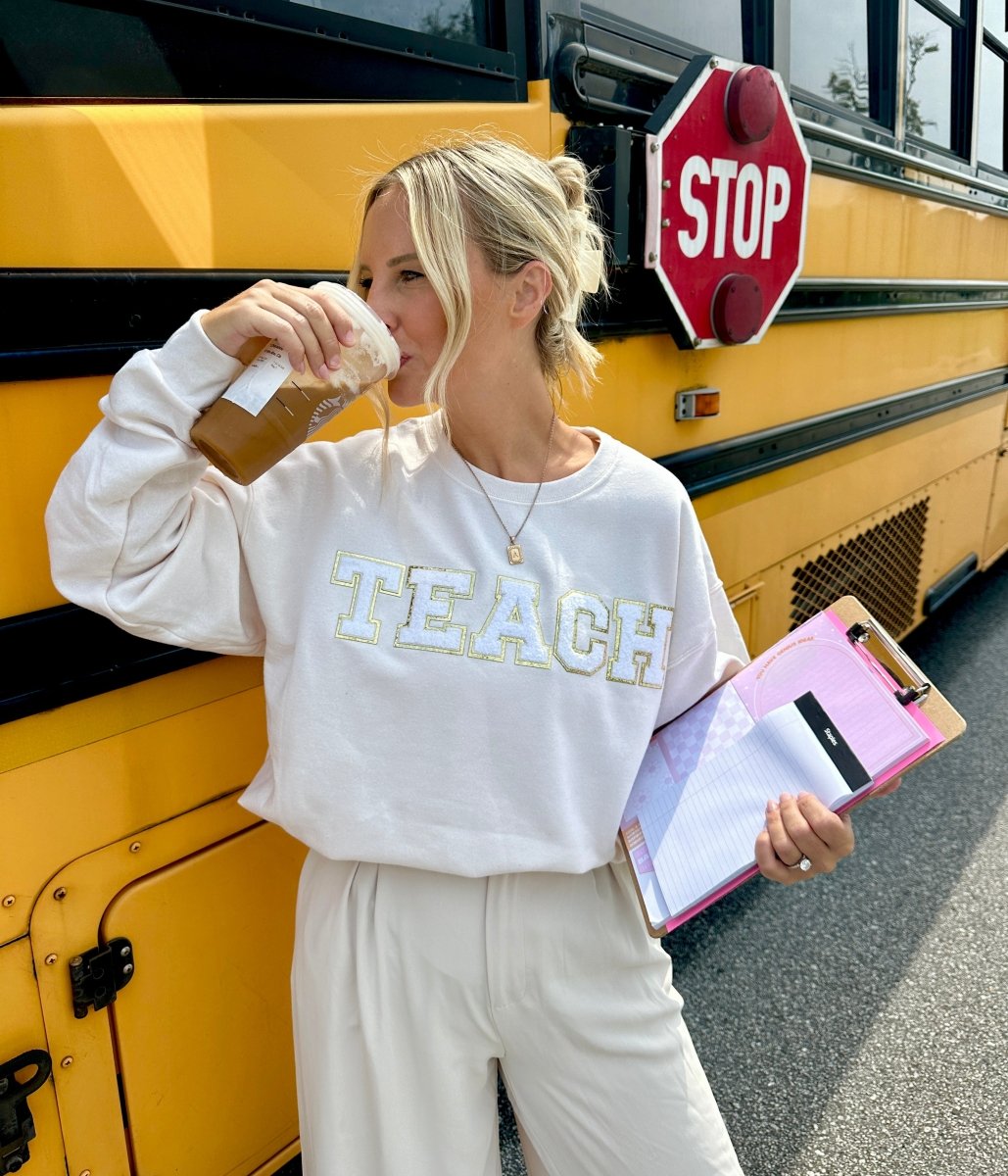 Cream and White 'Teach' Letter Patch Sweatshirt - United Monograms