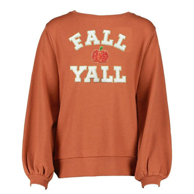 'Fall Y'all Sequin Pumpkin' Letter Patch Balloon Sleeve Crewneck - United Monograms