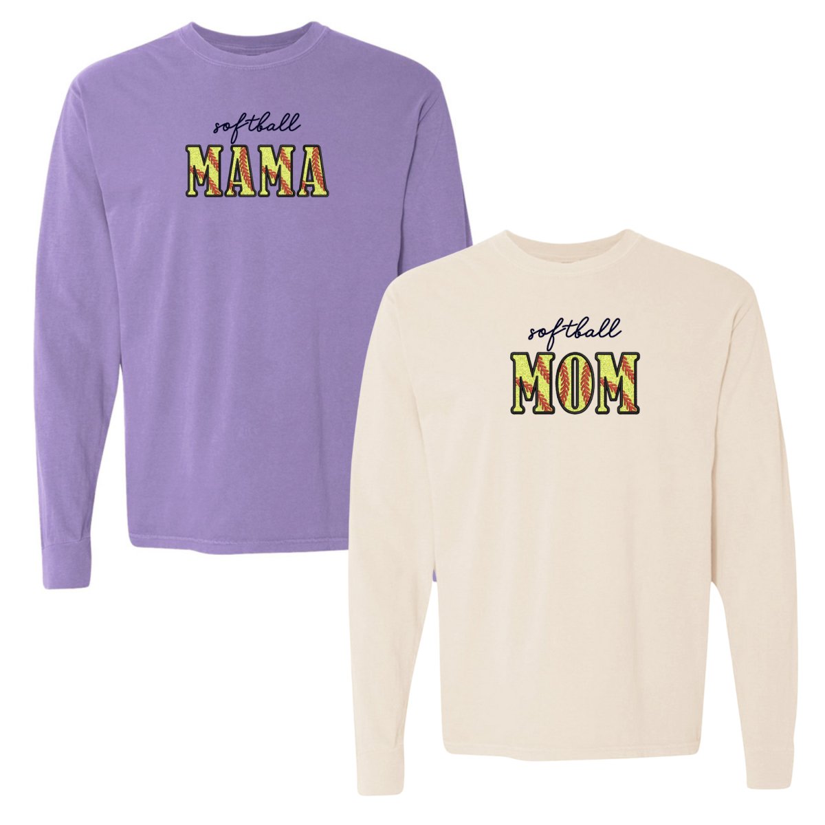 Glitter Embroidery 'Softball Mama/Mom' Long Sleeve T-Shirt - United Monograms