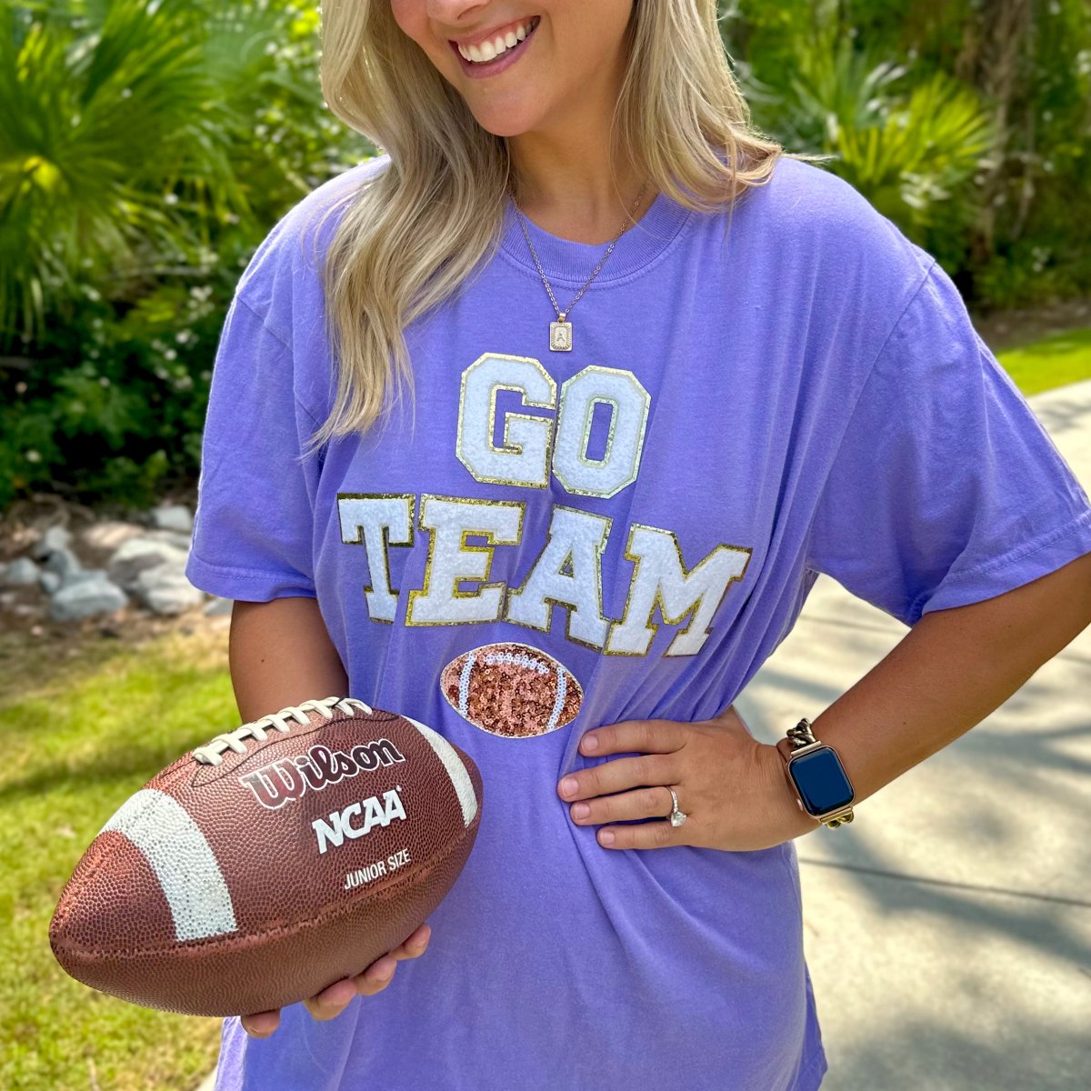 'Go Team Sequin Football' Letter Patch T-Shirt - United Monograms