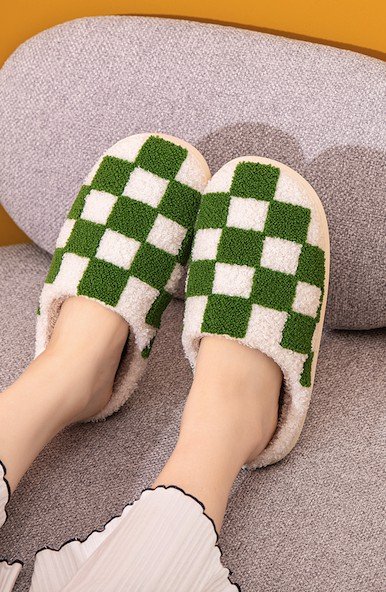 Green Check Plush Slippers - United Monograms