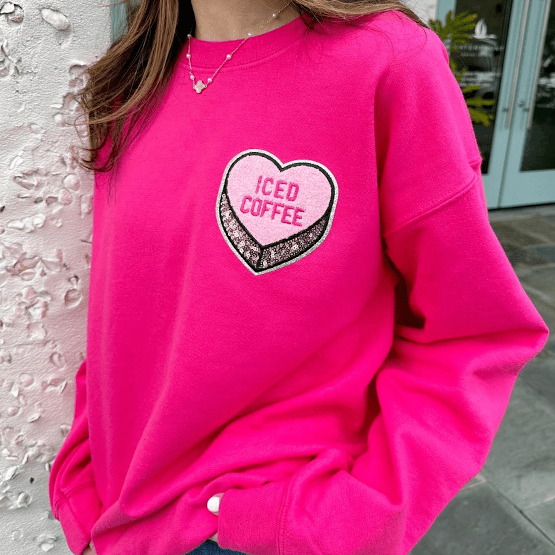 'Iced Coffee Candy Heart' Letter Patch Crewneck Sweatshirt - United Monograms