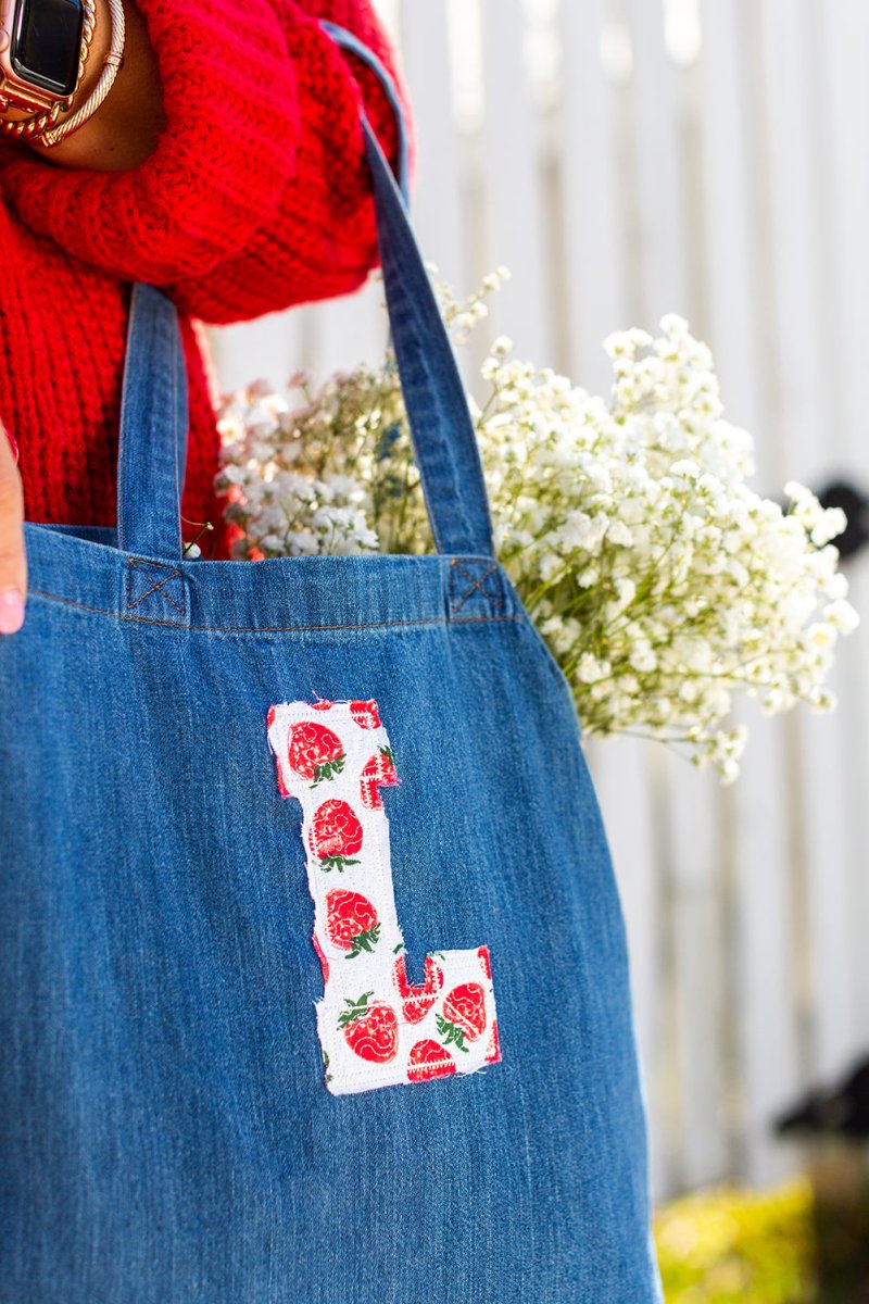 Initial 'Strawberry Charm' Appliqué Stitch Denim Tote - United Monograms