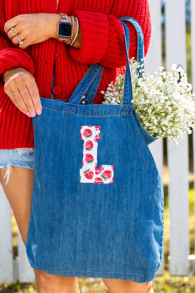 Initial 'Strawberry Charm' Appliqué Stitch Denim Tote - United Monograms