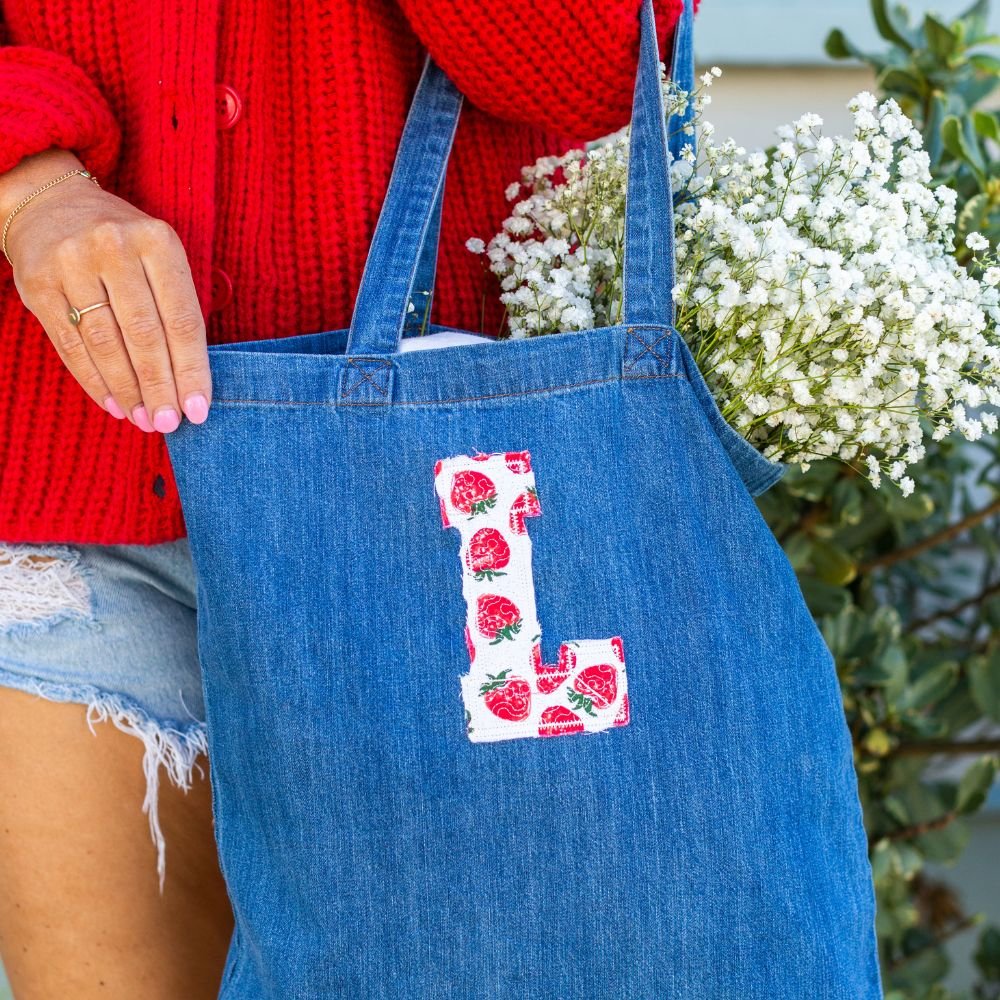 Initial 'Strawberry Charm' Appliqué Stitch Denim Tote - United Monograms