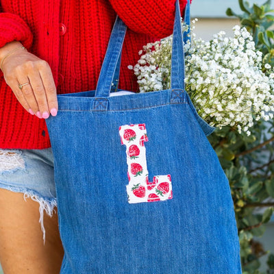 Initial 'Strawberry Charm' Appliqué Stitch Denim Tote - United Monograms