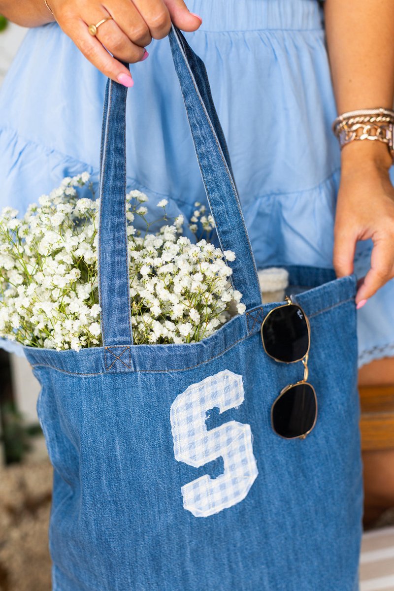 Initialed 'Blue Gingham' Appliqué Denim Tote - United Monograms