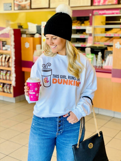 Initialed 'This Girl Runs On Dunkin' Crewneck Sweatshirt - United Monograms