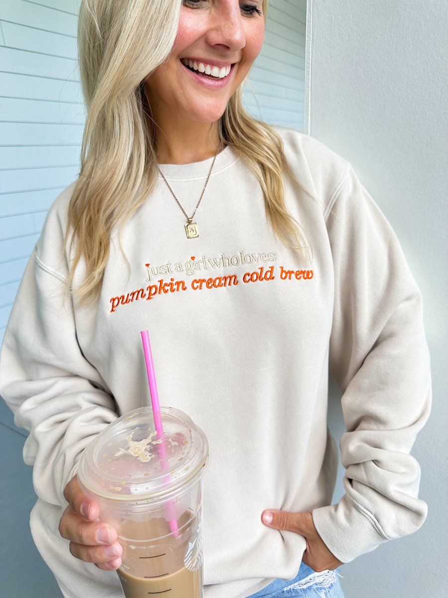 'Just A Girl Who Loves Pumpkin Cream Cold Brew' Cozy Crew - United Monograms