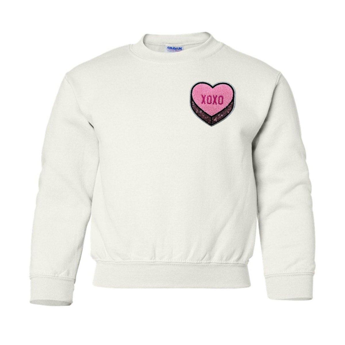 Kids 'Pink XOXO Candy Heart' Letter Patch Crewneck Sweatshirt - United Monograms