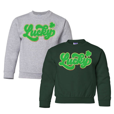 Kids Script Bright Green Lucky Letter Patch Sweatshirt - United Monograms