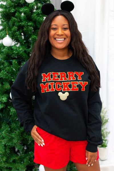 Merry Mickey Letter Patch Crewneck Sweatshirt - United Monograms