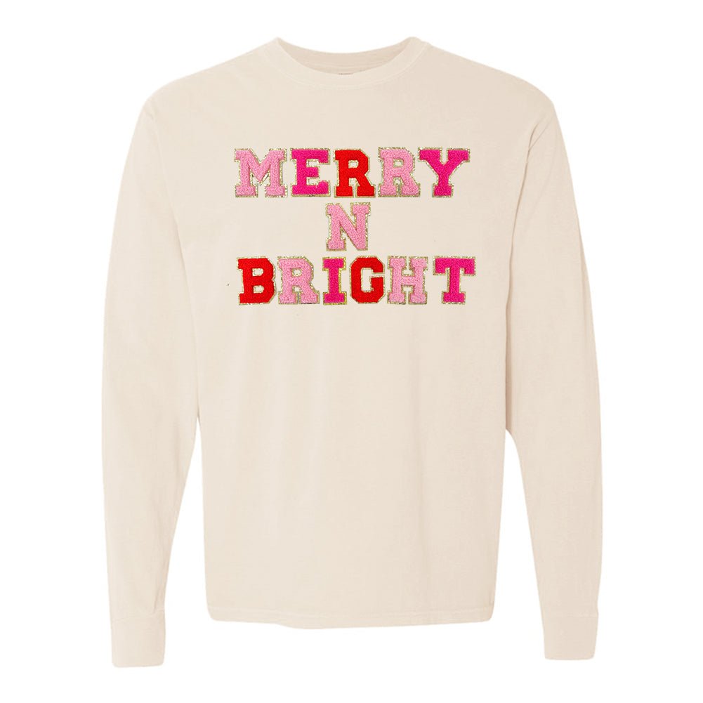 Merry N Bright Letter Patch Comfort Colors Long Sleeve T-Shirt - United Monograms