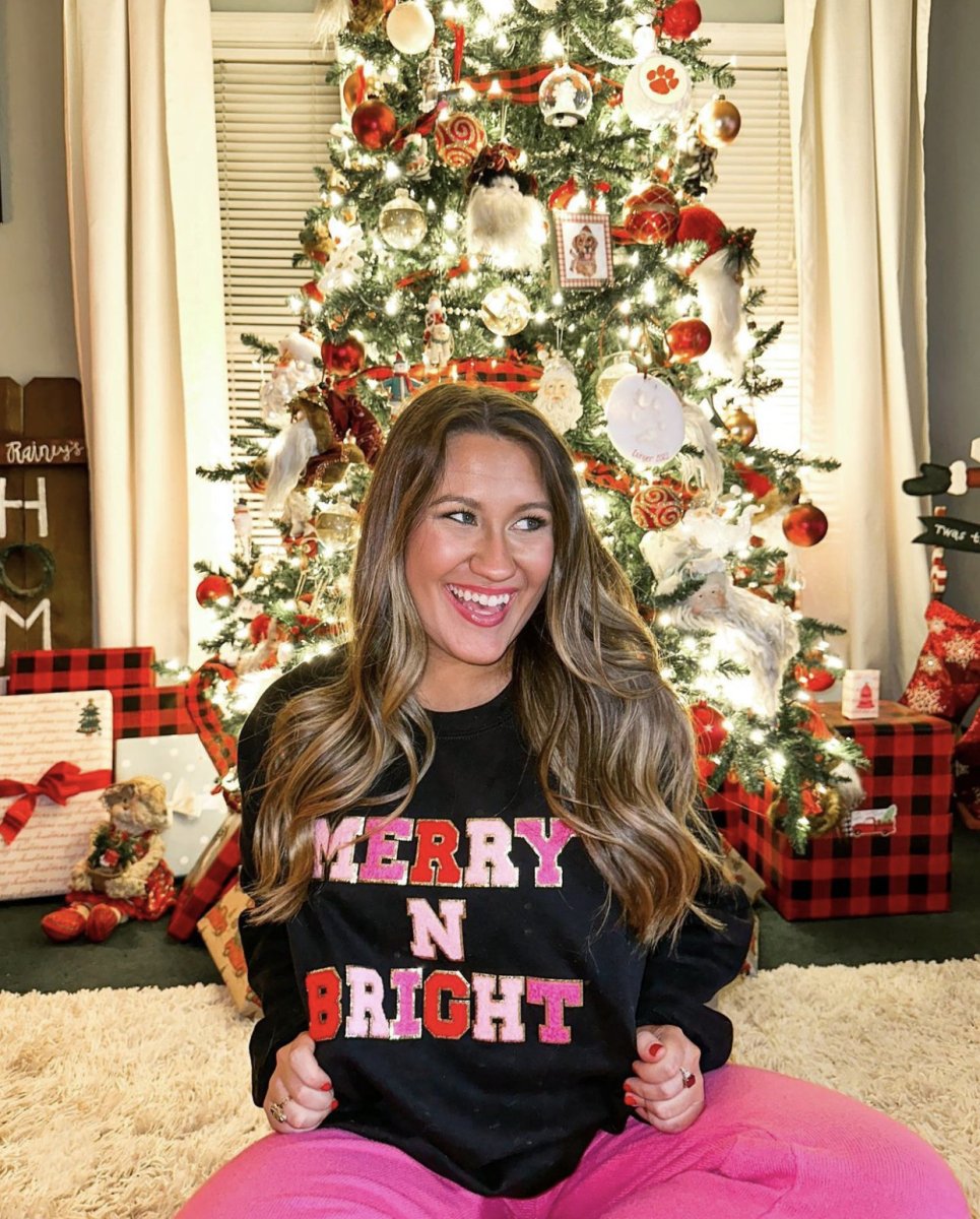 Merry N Bright Letter Patch Crewneck Sweatshirt - United Monograms