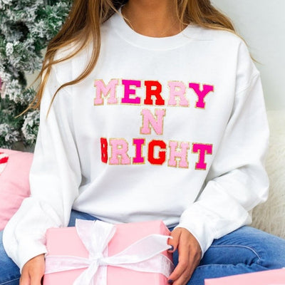 'Merry N Bright' Letter Patch Crewneck Sweatshirt - United Monograms