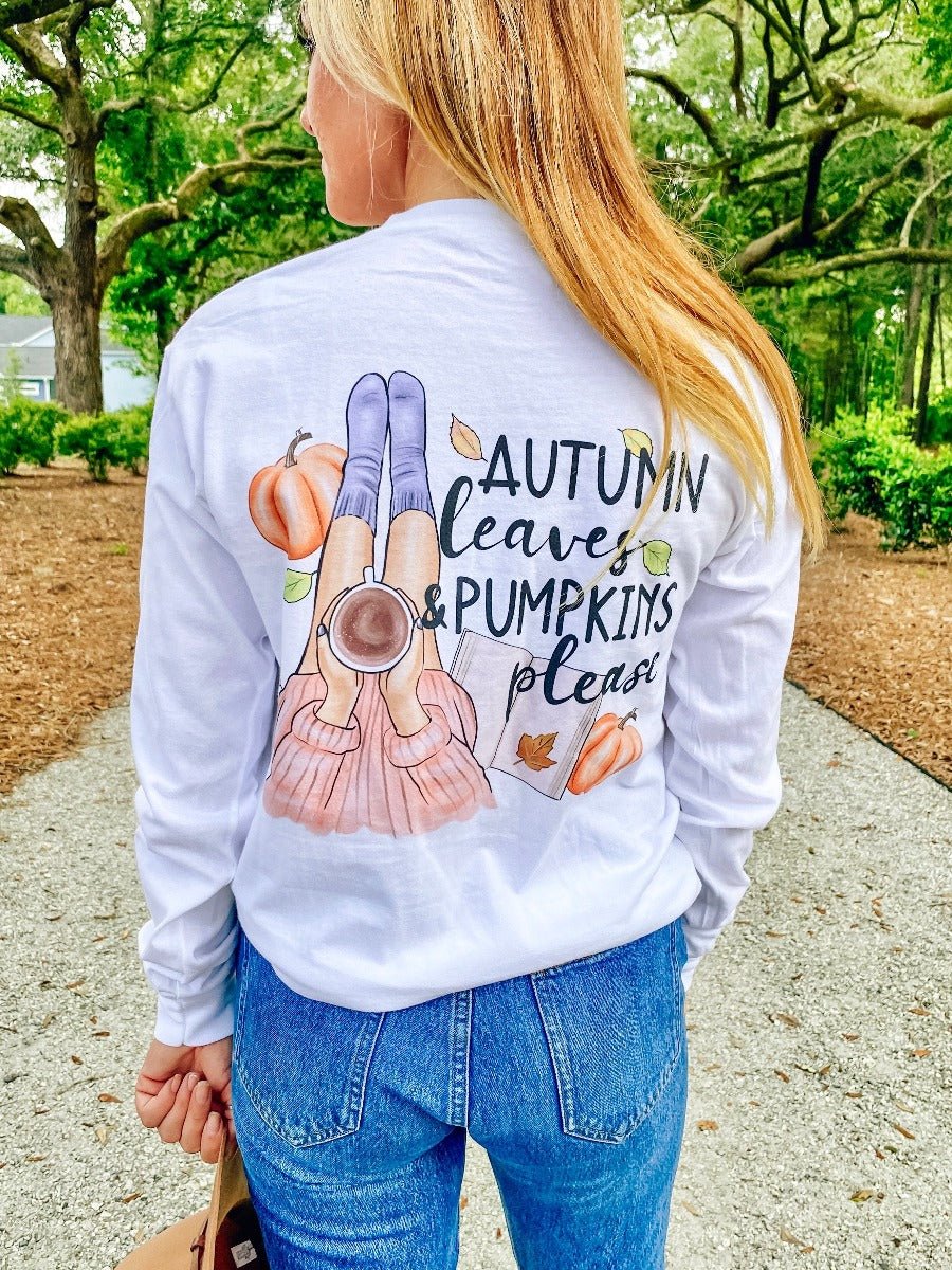 Monogrammed 'Autumn Leaves & Pumpkins Please' Front & Back Long Sleeve T - Shirt - United Monograms