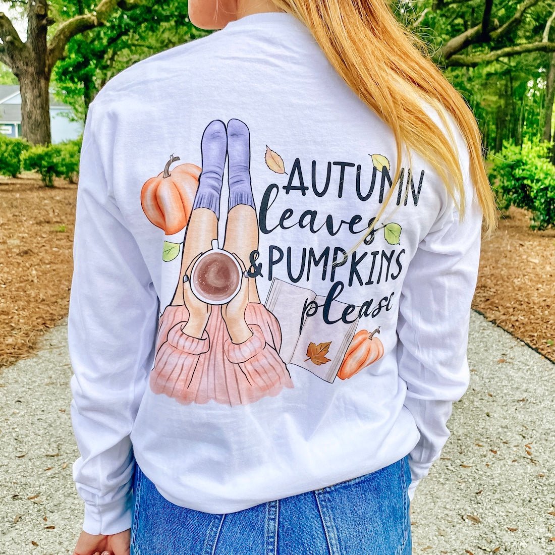 Monogrammed 'Autumn Leaves & Pumpkins Please' Front & Back Long Sleeve T - Shirt - United Monograms