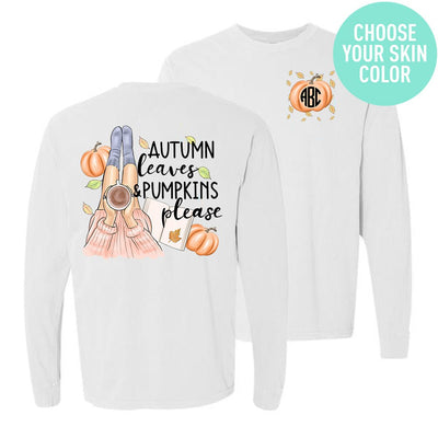 Monogrammed 'Autumn Leaves & Pumpkins Please' Front & Back Long Sleeve T-Shirt - United Monograms