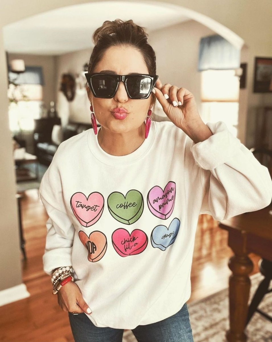 Monogrammed 'Basic Girl Candy Hearts' Crewneck Sweatshirt - United Monograms