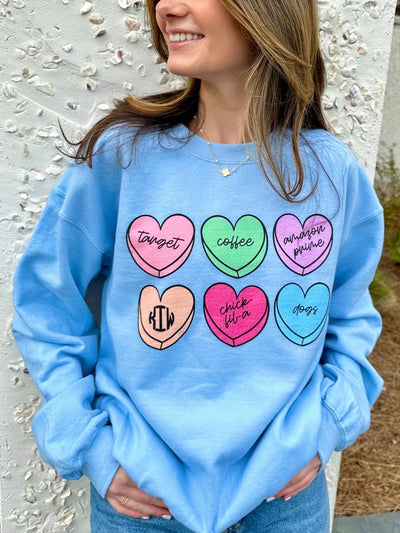 Monogrammed 'Basic Girl Candy Hearts' Crewneck Sweatshirt - United Monograms