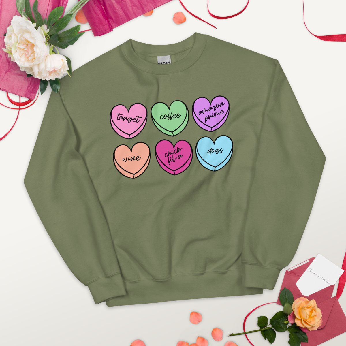 Monogrammed 'Basic Girl Candy Hearts' Crewneck Sweatshirt - United Monograms