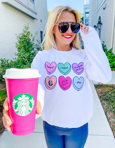 Monogrammed 'Basic Girl Candy Hearts' Crewneck Sweatshirt - United Monograms