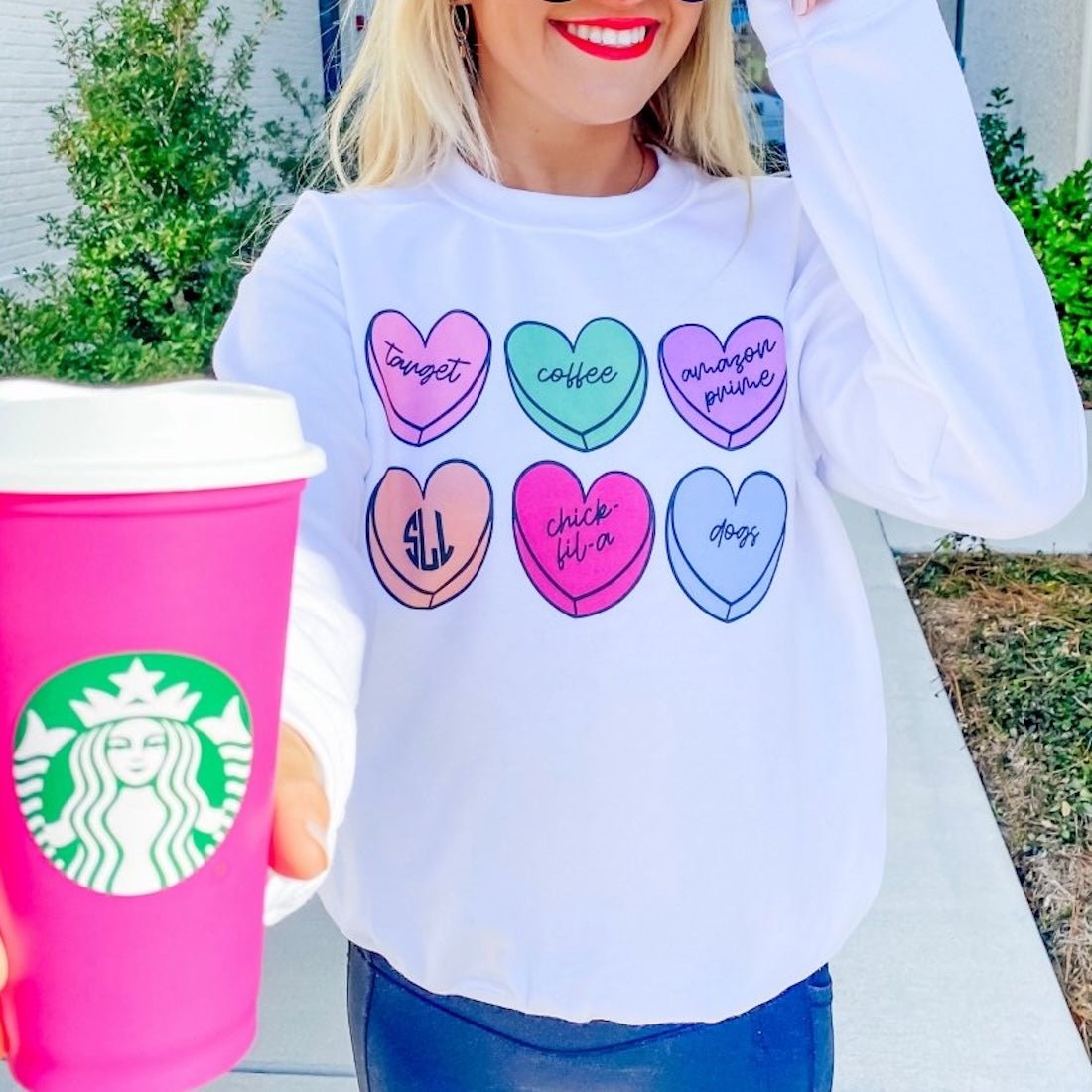 Monogrammed 'Basic Girl Candy Hearts' Crewneck Sweatshirt - United Monograms