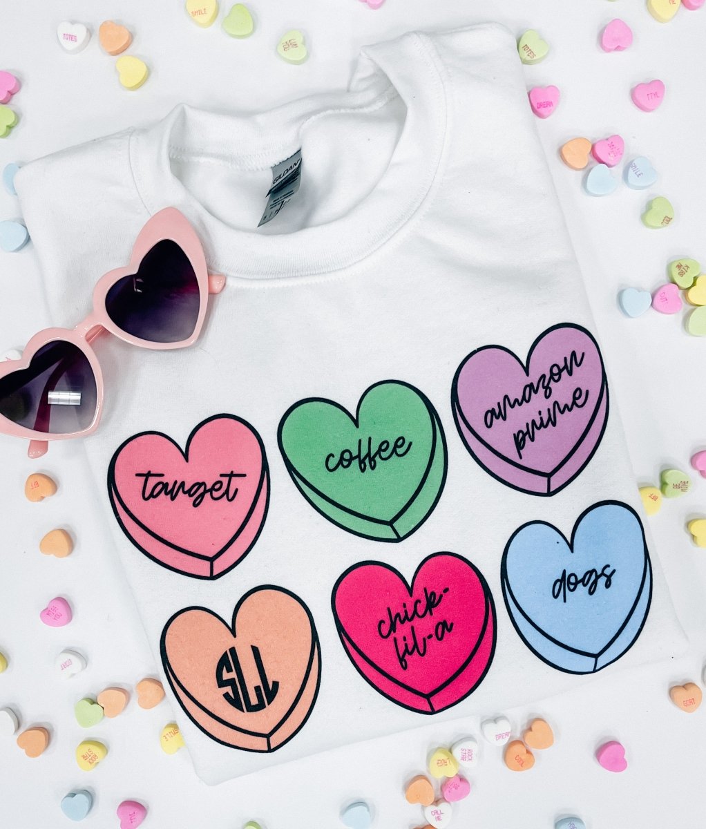 Monogrammed 'Basic Girl Candy Hearts' Crewneck Sweatshirt - United Monograms