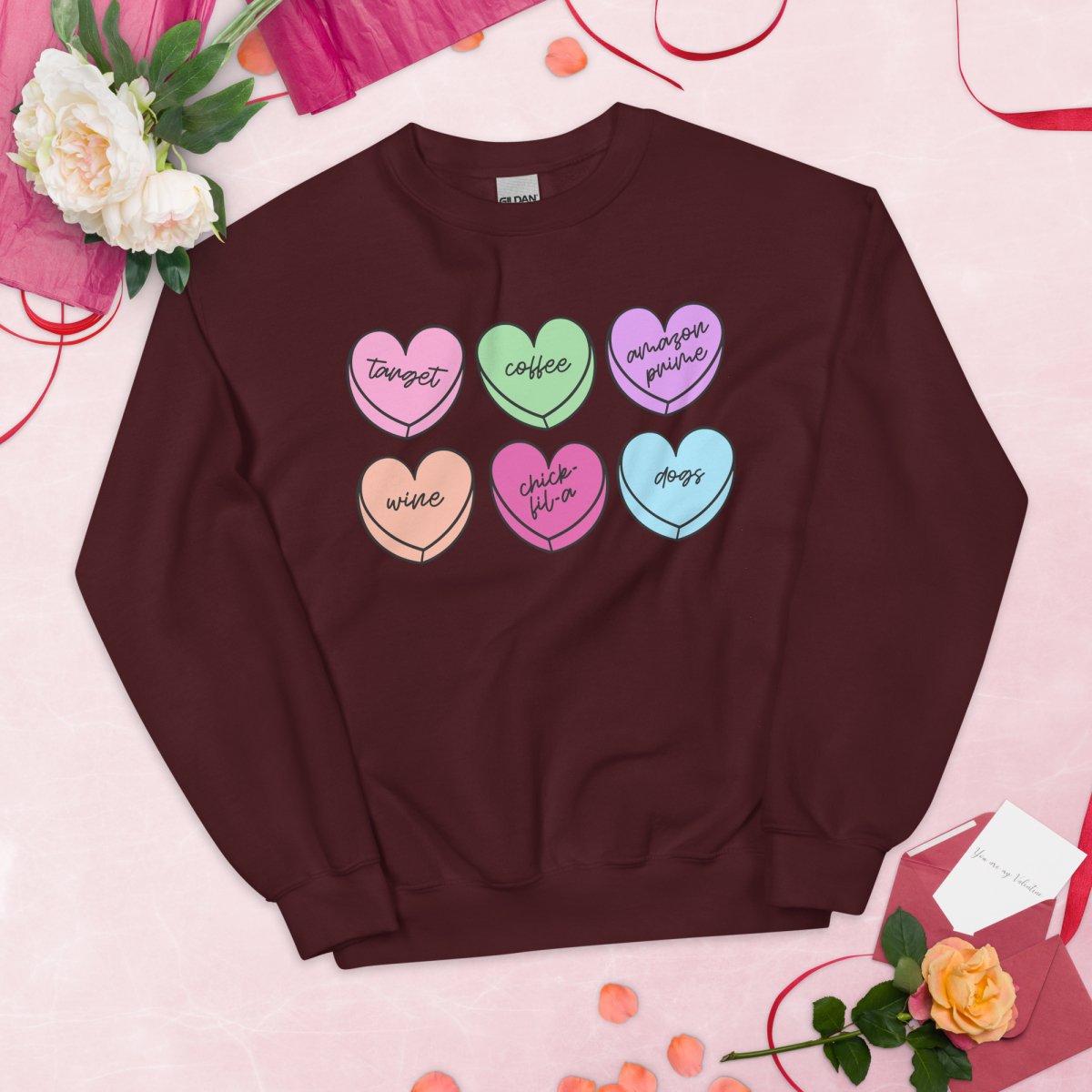 Monogrammed 'Basic Girl Candy Hearts' Crewneck Sweatshirt - United Monograms