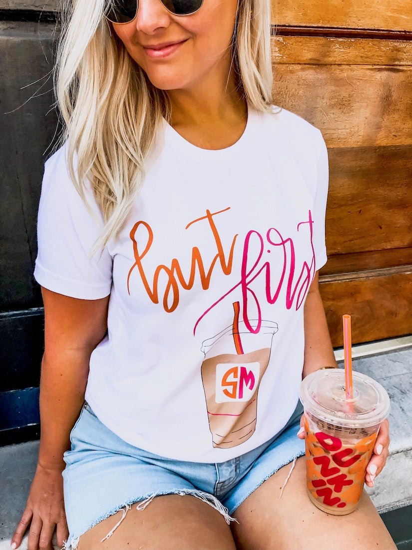 Monogrammed 'But First, Iced Coffee' Premium T-Shirt - United Monograms