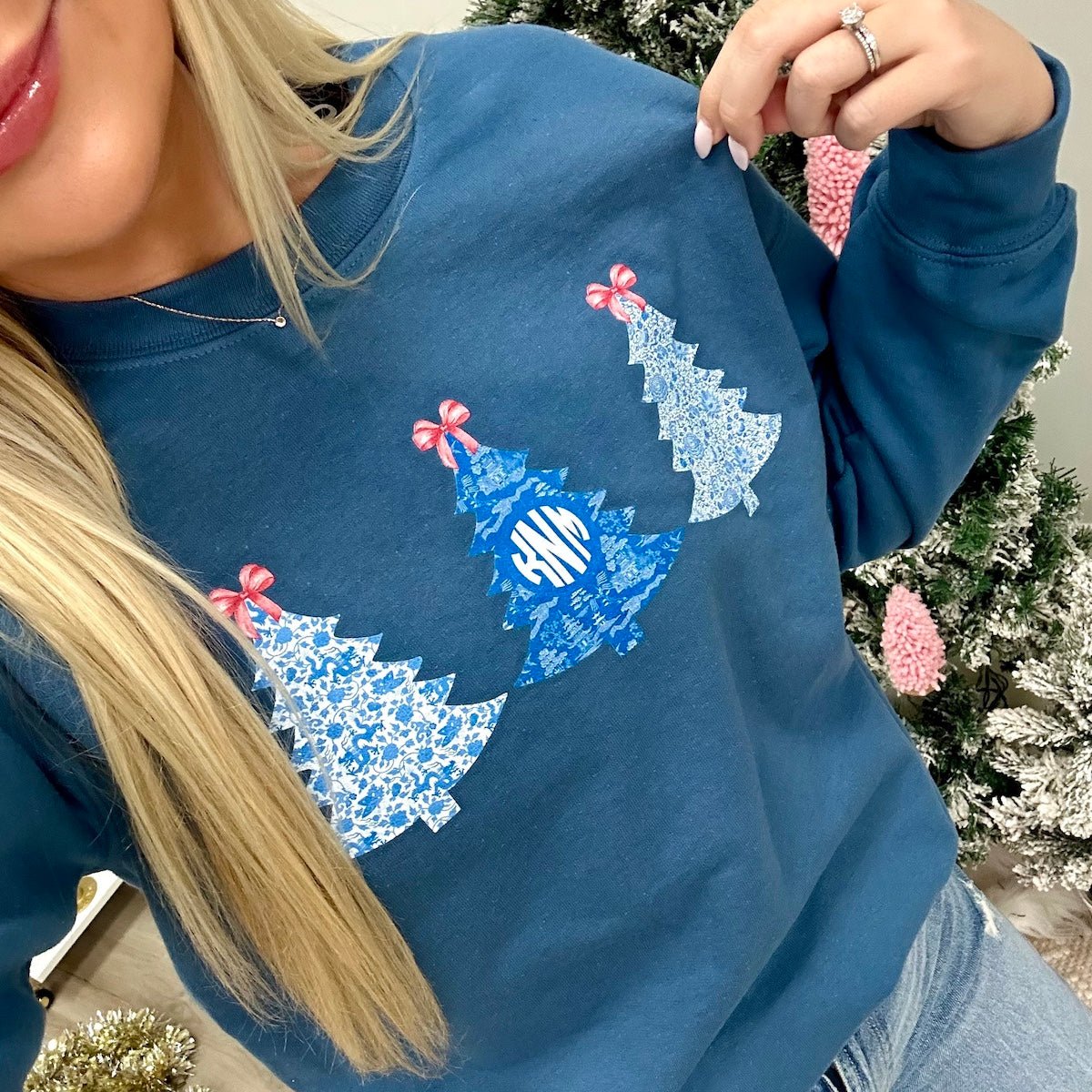 Monogrammed 'Chinoiserie Christmas Trees' Crewneck Sweatshirt - United Monograms