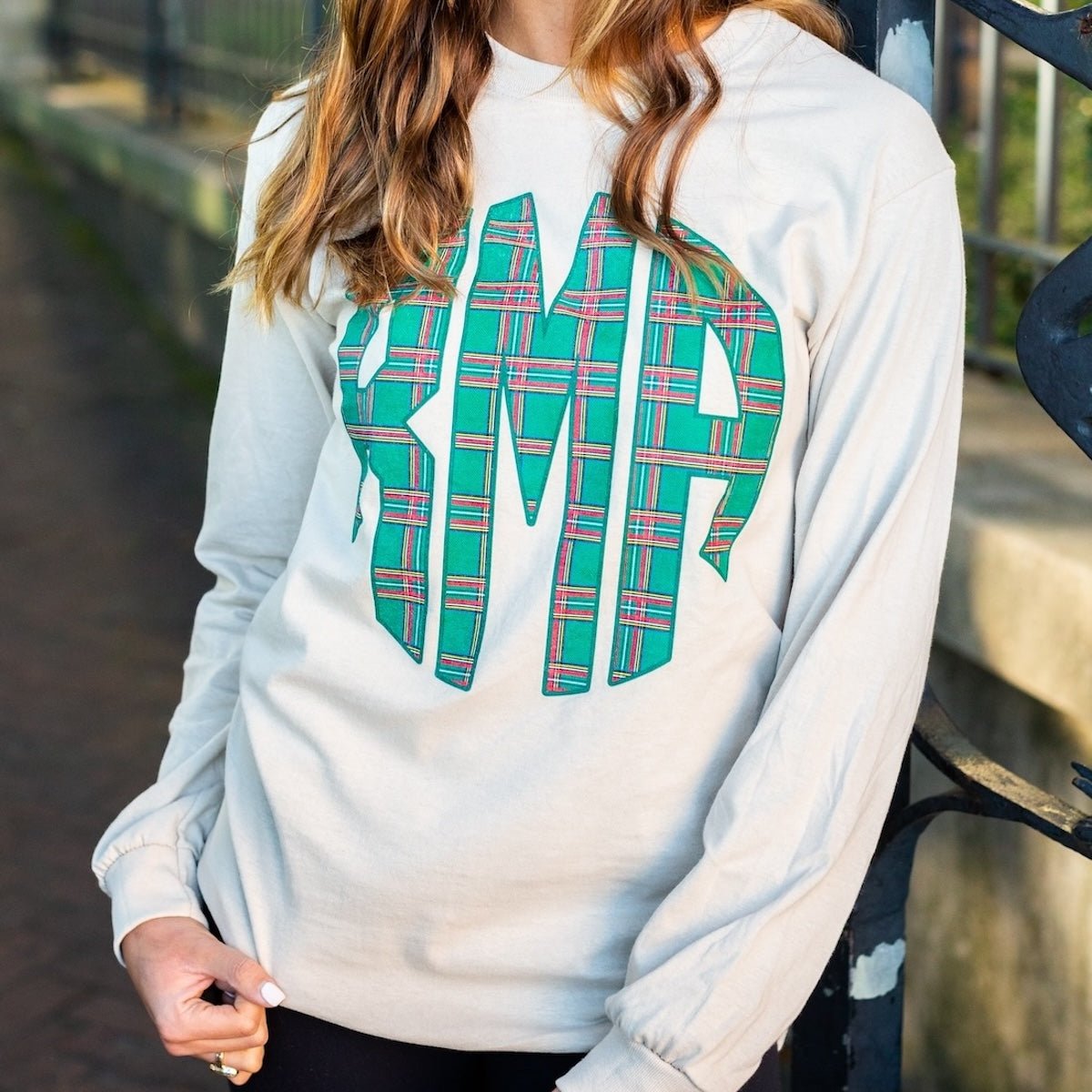 Monogrammed 'Christmas Plaid' Big Print Basic Long Sleeve T - Shirt - United Monograms