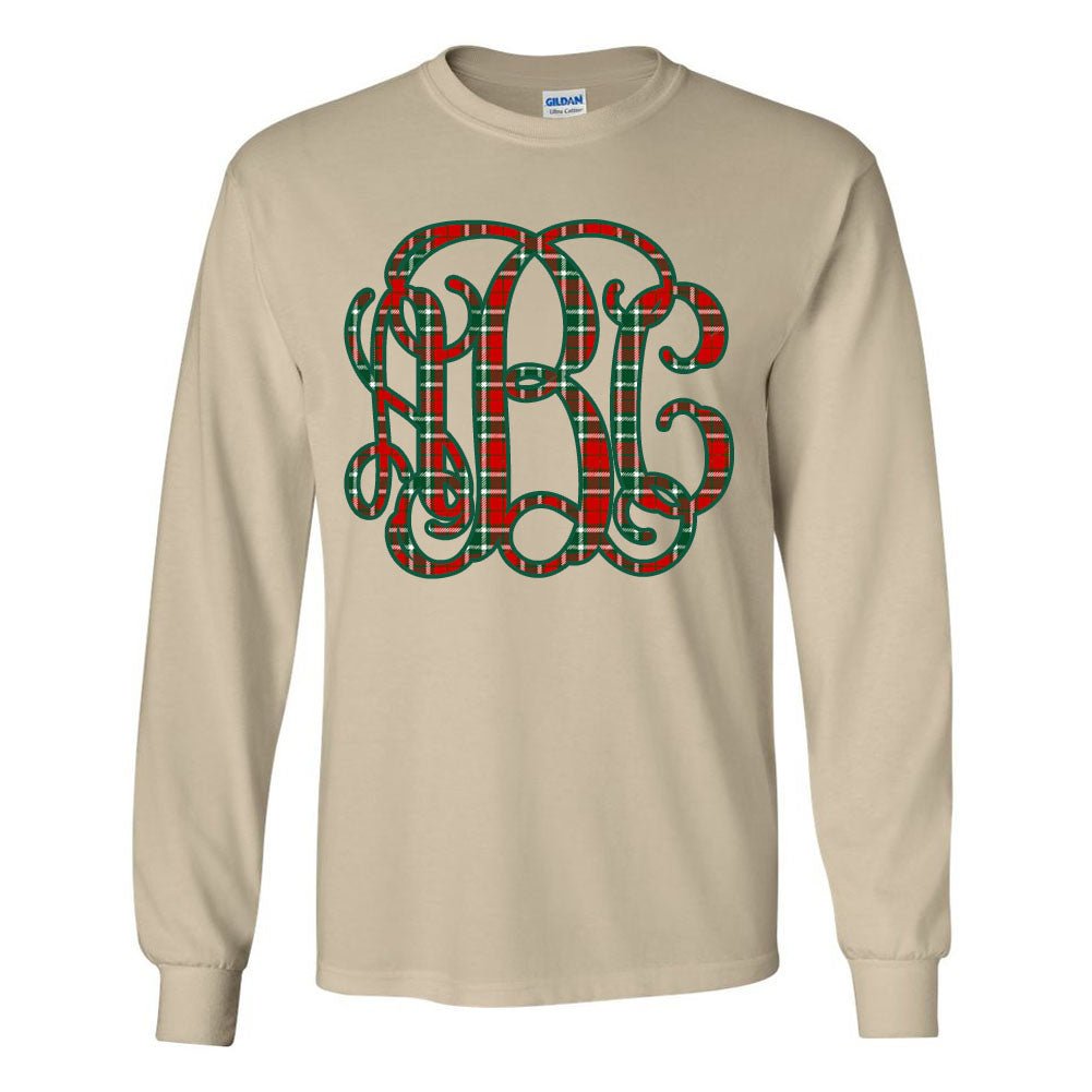 Monogrammed 'Christmas Plaid' Big Print Basic Long Sleeve T-Shirt - United Monograms