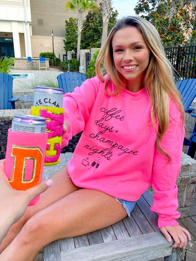 Monogrammed 'Coffee Days + Champagne Nights' Neon Crewneck Sweatshirt - United Monograms