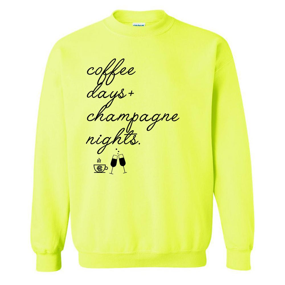 Monogrammed 'Coffee Days + Champagne Nights' Neon Crewneck Sweatshirt - United Monograms