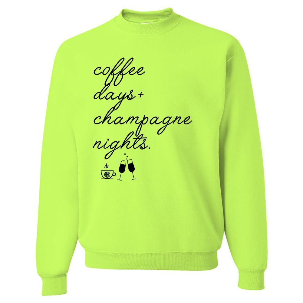 Monogrammed 'Coffee Days + Champagne Nights' Neon Crewneck Sweatshirt - United Monograms