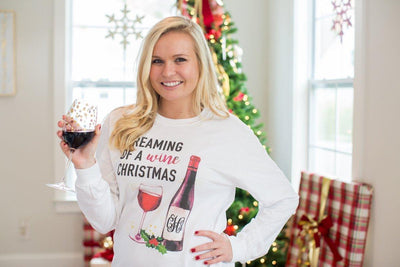 Monogrammed 'Dreaming of a Wine Christmas' Long Sleeve T-Shirt - United Monograms