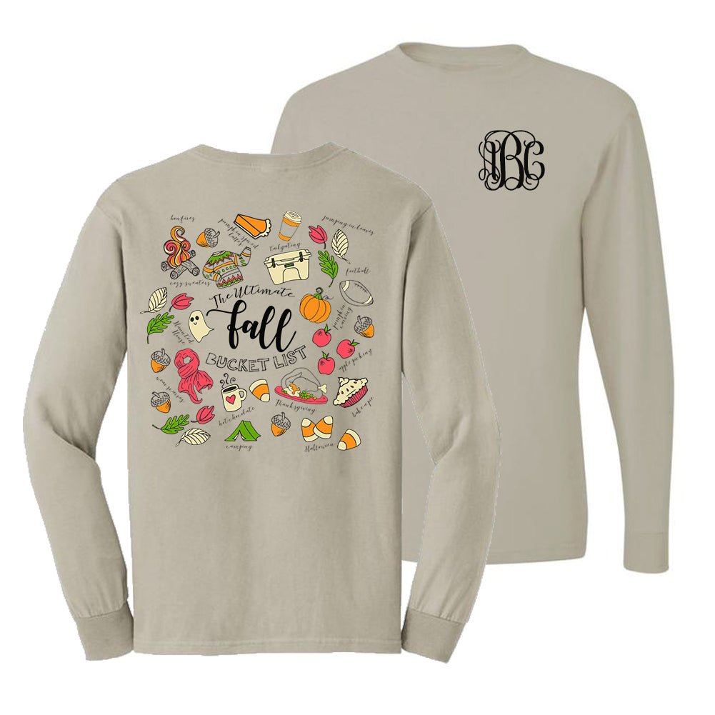 Monogrammed 'Fall Bucket List' Front & Back Long Sleeve T-Shirt - United Monograms