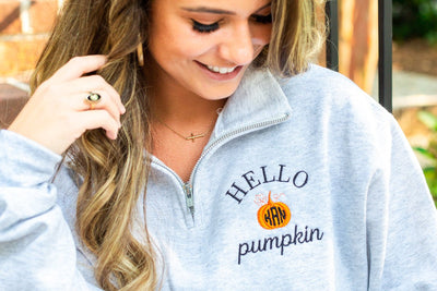 Monogrammed 'Hello Pumpkin' Quarter Zip Sweatshirt - United Monograms