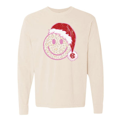 Monogrammed 'Leopard Smiley Santa' Long Sleeve T-Shirt - United Monograms