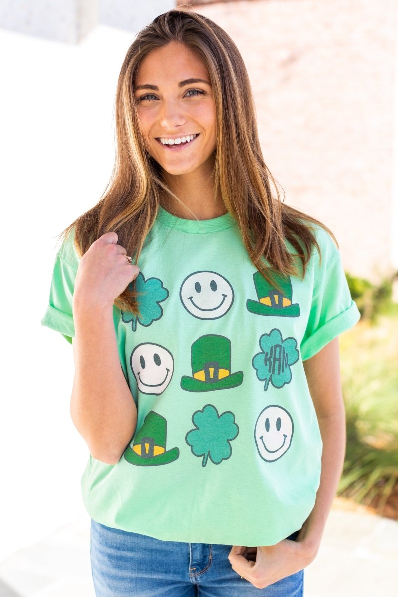 Monogrammed 'Leprechaun, Shamrock & Smileys' Basic T-Shirt - United Monograms