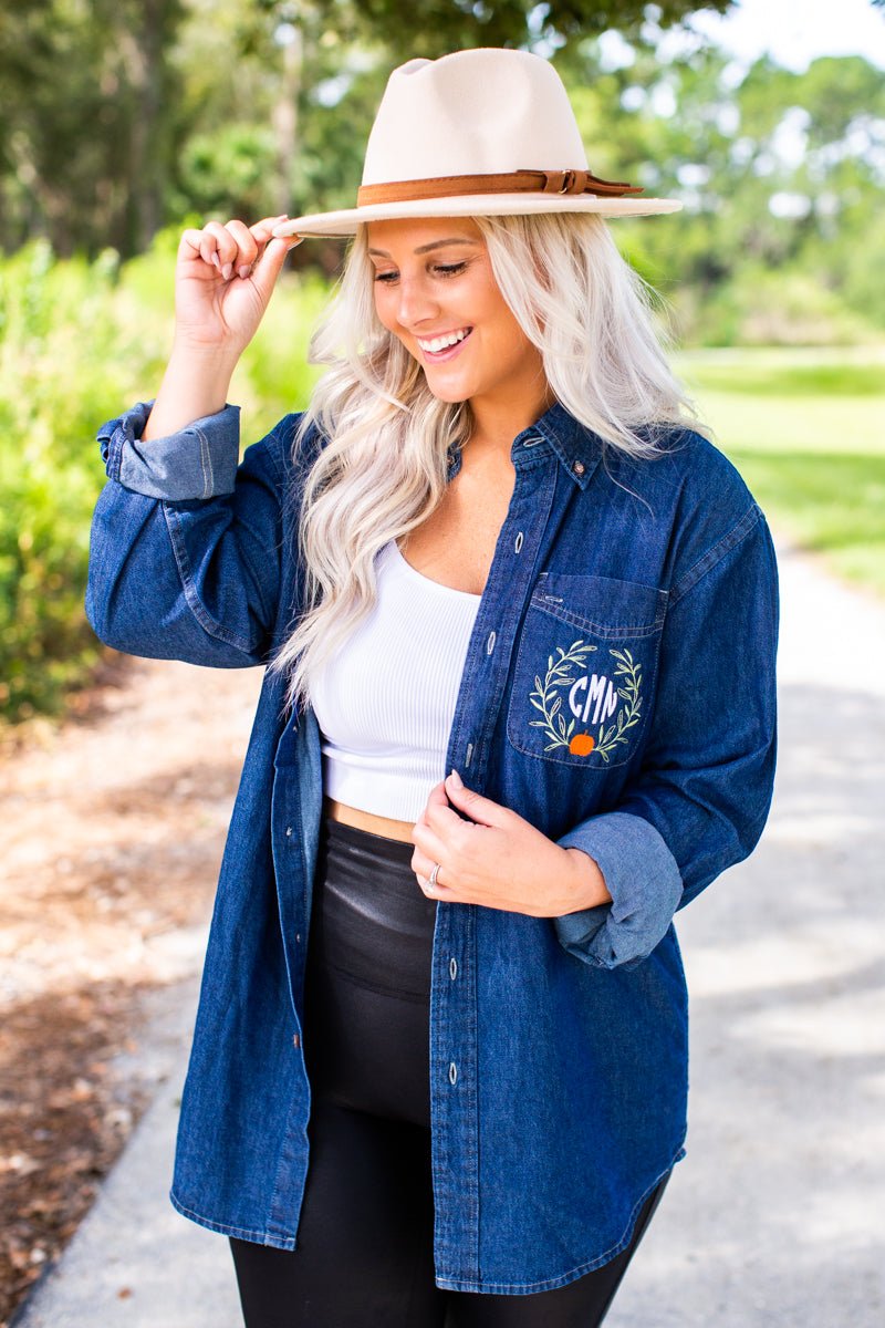 Monogrammed Pumpkin Leaves Oversized Denim Shirt - United Monograms