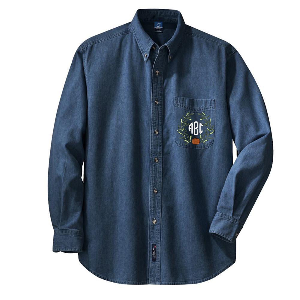 Monogrammed Pumpkin Leaves Oversized Denim Shirt - United Monograms