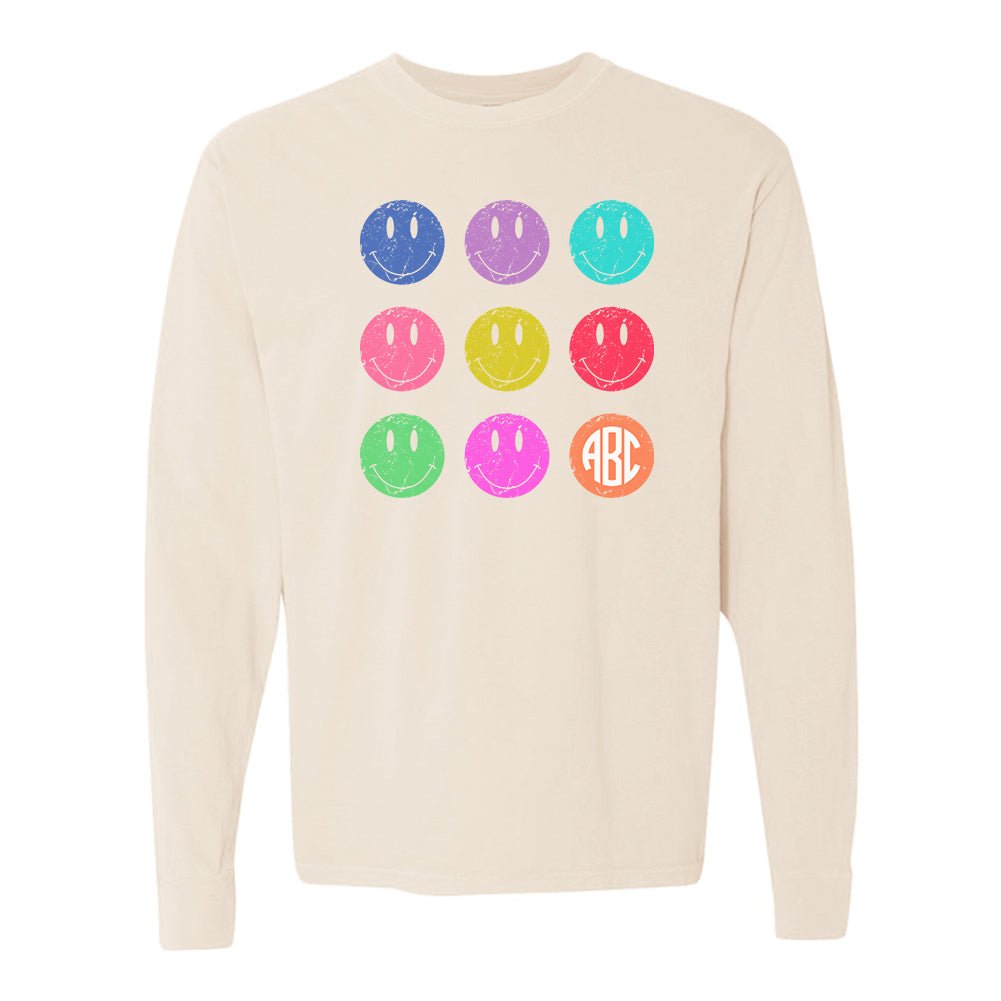 Monogrammed 'Retro Smileys' Long Sleeve T-Shirt - United Monograms