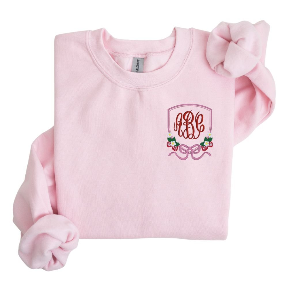 Monogrammed 'Strawberry Bow Crest' Crewneck Sweatshirt - United Monograms