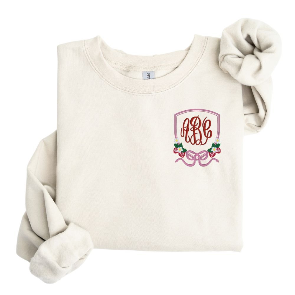 Monogrammed 'Strawberry Bow Crest' Crewneck Sweatshirt - United Monograms