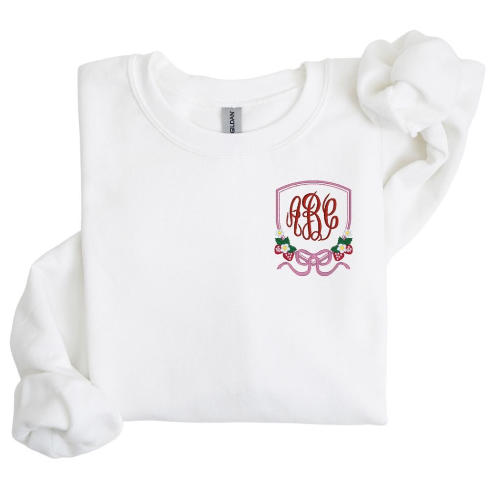 Monogrammed 'Strawberry Bow Crest' Crewneck Sweatshirt - United Monograms