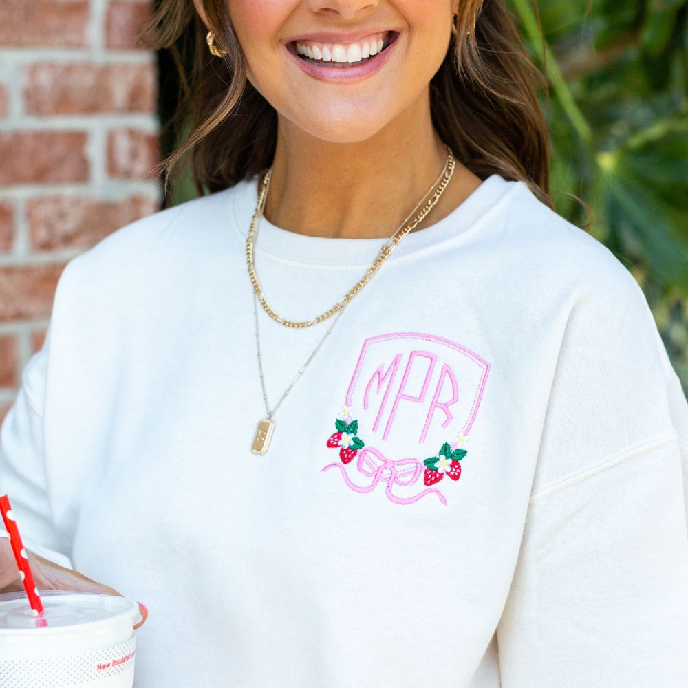 Monogrammed 'Strawberry Bow Crest' Crewneck Sweatshirt - United Monograms